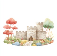 Enchanted Stone Castle nestled amidst vibrant flora, a whimsical watercolor landscape painting.