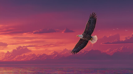 Bald eagle soaring through a sunset sky with fireworks highlighting freedom and national pride