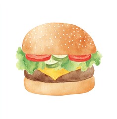 Juicy Gourmet Burger Watercolor Clipart, Fresh Lettuce, Tomato, and Cheese Delight