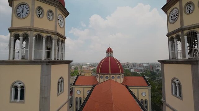 Drone view of Maturin's Cathedral with tall towers and stunning design