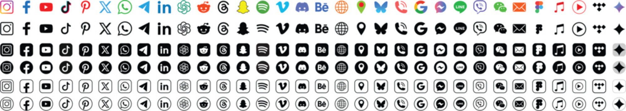 Popular Social Media App Icons . Latest update. music streaming apps logo. Instagram, TikTok, X, Facebook, Whatsapp, Twitter, YouTube, Telegram, Snapchat, Pinterest, Figma, Linkedin, Chat gpt,  Bluesk