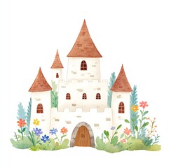 Enchanted Watercolor Castle nestled among lush green trees, a whimsical fairytale scene.