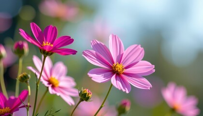 Obraz premium Delicate cosmos flowers sway gently in a soft summer breeze, petals unfurling in vibrant hues against a blurred background, delicate, close-up, soft