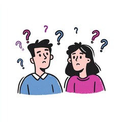 A Young Couple Pondering Lifes Mysteries, Surrounded by Question Marks, Expressing Uncertainty and Contemplation.