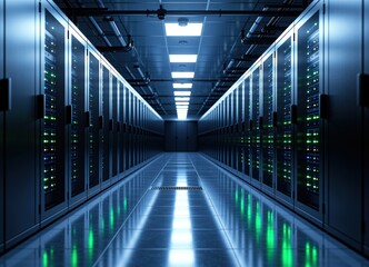Fototapeta premium Data center corridor with rows of server racks illuminated by blue and green lights, showcasing advanced technology and modern infrastructure in a high-tech environment