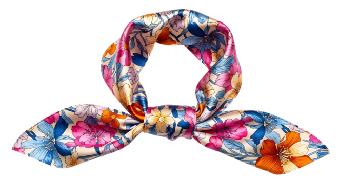 Colorful Floral Silk Scarf Tied in a Knot on Black Background