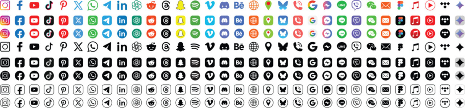 Latest updated social media network logo icon vector set. Popular music streaming apps logo icon set. Instagram, TikTok, X, Facebook, Whatsapp, Twitter, YouTube, Telegram, Snapchat, Pinterest, Figma, 