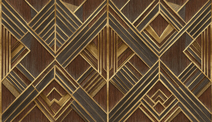 Art deco geometric pattern with wood and gold textures