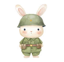 Adorable Watercolor Bunny in Military Attire, a charming clip art image perfect for childrens books or whimsical designs.