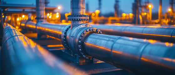 Industrial pipes at a factory at night, useful for publications about energy, the oil and gas industry, and infrastructure.