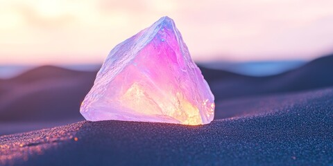 A large, purple crystal sits on a sandy beach. The crystal is surrounded by a blue sky and the ocean