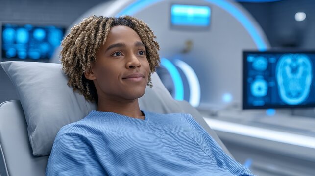 Ct scan analysis for cure young male patient and doctor in hospital environment