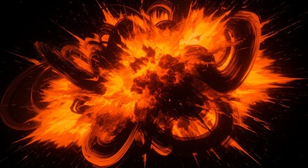 Abstract explosion with dynamic brush strokes in orange and black