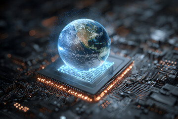 Global Connectivity: A glowing globe hovers above a digital circuit board, symbolizing interconnectedness, innovation, and technological advancement.