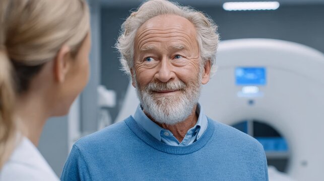 Elderly man discusses ct scan with doctor in hospital seeking analysis and cure in a calm environment