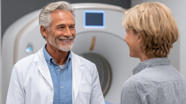 Ct scan discussion between doctor and patient in hospital analysis of health and cure strategies caring environment