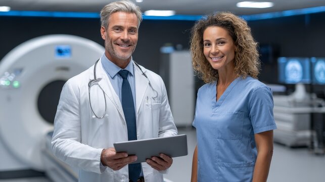 Ct scan analysis and cure insights by doctor in hospital environment caucasian male and asian woman collaborating