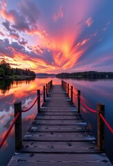 Fototapeta premium Tranquil sunset paints the sky vibrant hues above a still lake, reflecting on a weathered wooden jetty extending into calm waters, peaceful, sunset