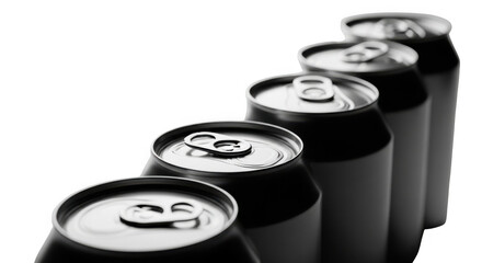 A row of five aluminum beverage cans with pull tabs, arranged diagonally on a transparent background