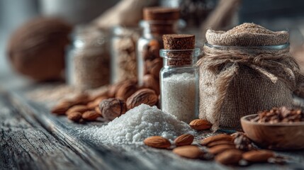 A captivating composition featuring assorted nuts and spices in rustic containers