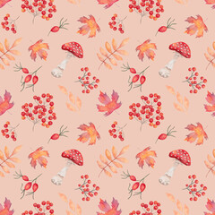 Fototapeta premium Seamless pattern with berries, mushrooms, and leaves. Watercolor illustration. Hand-drawn isolated botanical art. Background with fly agaric, rose hips, rowan, and maple for Thanksgiving and textiles