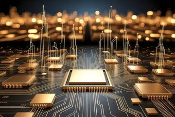 Abstract digital circuit board with glowing golden processors and bokeh lights technology computer