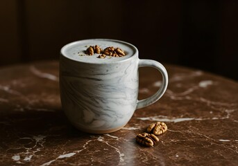 Walnut Latte in Marble Mug, Cozy Autumn Hot Drink with Nuts on Brown Table