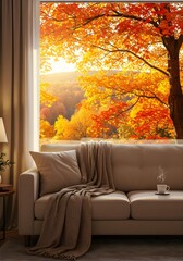 A view of a living room with a white sofa and a window filled with autumn leaves.