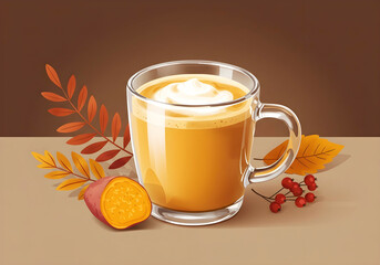 Sweet Potato Latte Illustration, Cozy Autumn Hot Drink with Whipped Cream and Fall Leaves