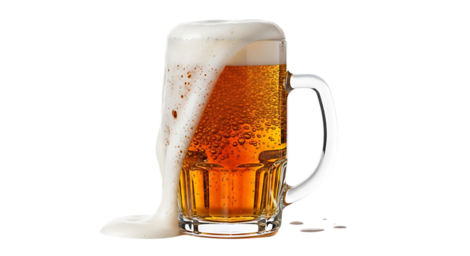 Frothy beer overflowing from a glass mug Keywords: beer, mug, glass, overflowing, foam, froth