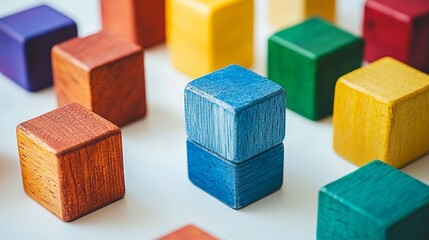 Wooden colored cubes on a white background, with an emphasis on blue ones — ideal for educational materials, children's games, creative projects, and advertising for educational toys.