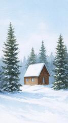 A Serene Winter Landscape Featuring a Cozy Cabin Amidst Tall Pine Trees and a Blanket of Snow, Perfect for Nature Lovers Seeking Tranquility and Peace in a Beautiful Wilderness Setting