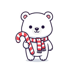 Naklejka premium Cute cartoon polar bear wearing a red and white striped scarf, holding a candy cane
