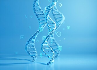 Abstract representation of a DNA double helix structure in blue tones, surrounded by digital icons, symbolizing biotechnology, genetics, and innovation in modern science