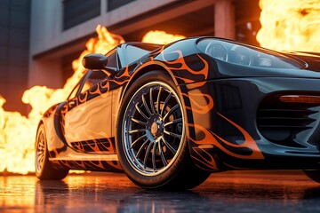 Black Sports Car With Orange Flame Graphics Surrounded By Intense Fire Keywords: car, sports car, fire, flames, burning, hot, speed, automotive