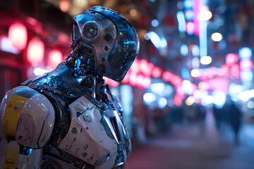 Fototapeta premium Cyberpunk Sentinel: A sleek and futuristic cyborg stands vigilantly amidst the vibrant neon glow of a bustling cityscape, embodying the convergence of technology and urban life.