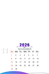 November 2026 wall calendar template isolated on transparent background, AI Illustrator editable vector artwork for printable monthly planner and professional modern design