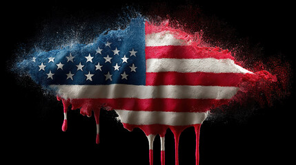 A black background featuring grunge splattered american flag in edgy patriotic illustration