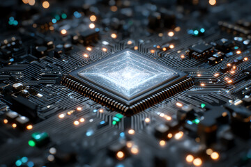 Cybernetic Core: An intricate macro perspective unveils the gleaming heart of technological innovation.