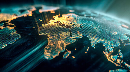 Futuristic digital world map with glowing data points and fiber optic connections representing global network connectivity and technology innovation