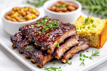 Savory barbecue ribs with cornbread and beans on a white plate