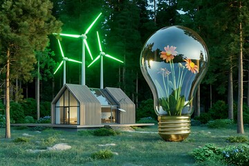 Eco-friendly modern house with glowing wind turbines and lightbulb garden green energy