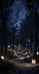 Fototapeta premium Night forest path illuminated by lanterns