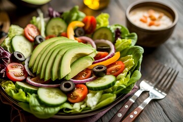 Fresh Avocado and Vegetable Salad with Tomatoes Cucumbers and Olives in a Bowl healthy food