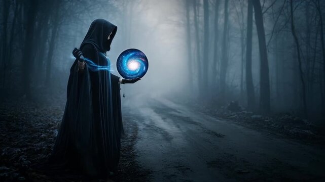 Sorcerer cast a spell with a magical crystal ball standing over dark foggy forest path way, Halloween mystery concept