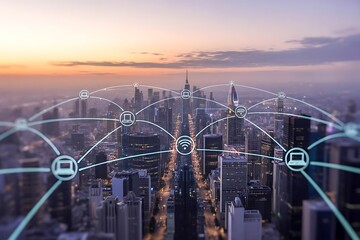 Futuristic Cityscape with Digital Network Overlay at Sunset urban technology