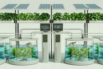 Futuristic Aquaponics System with Solar Panels and Fish Tanks Growing Plants sustainable agriculture