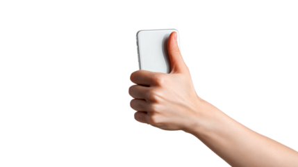 A hand giving a thumbs up while holding a smartphone, isolated on a white background.