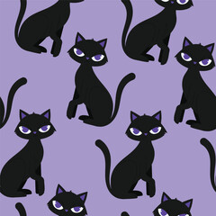 Halloween pattern with black cat purple