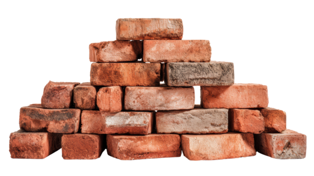 A detailed arrangement of rustic bricks, showcasing varying textures and colors, ideal for construction projects.